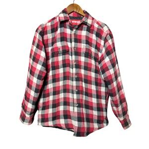 Wrangler Men Small Red Plaid Flannel Quilted Lined Shirt Jacket Thrashed Outdoor